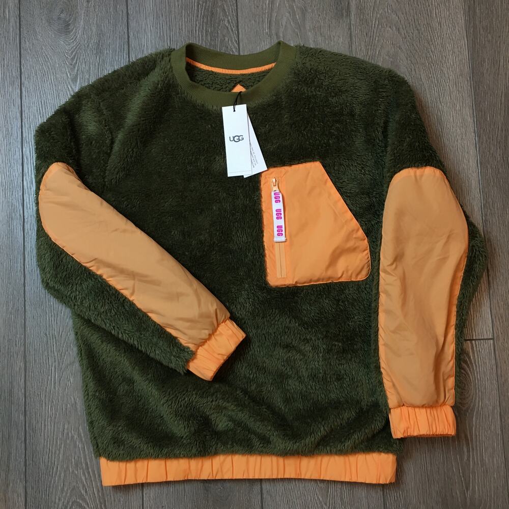 NWT $128 UGG Niko Women Sherpa Crewneck Pullover Olive Green/Orange Sz XS